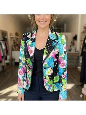 ALBERTO MAKALI 100% Silk Fully Lined Blazer Lace Trim Crochet Appliqué Sz 4